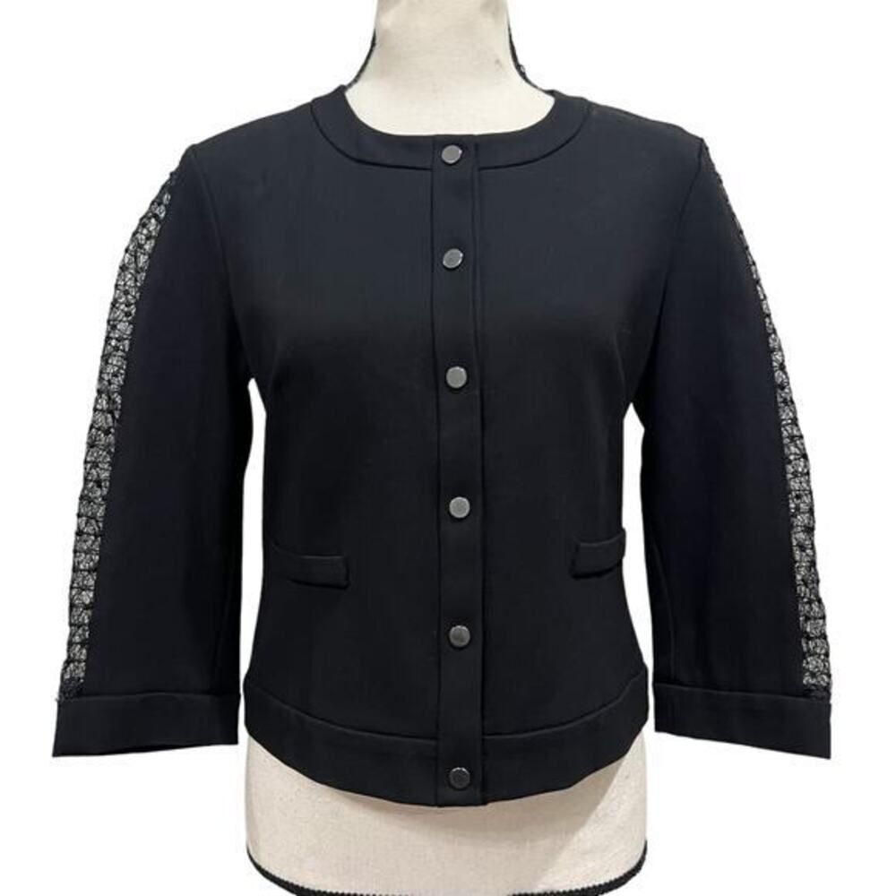 Yoana Baraschi Black Scuba Lace Snap Button Moto Collarless Jacket Size Small